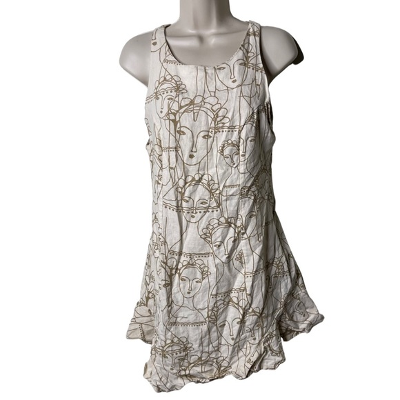 Farm Rio linen blend cream and gold frida Khalo tribute print mini dress sz M - Picture 1 of 10